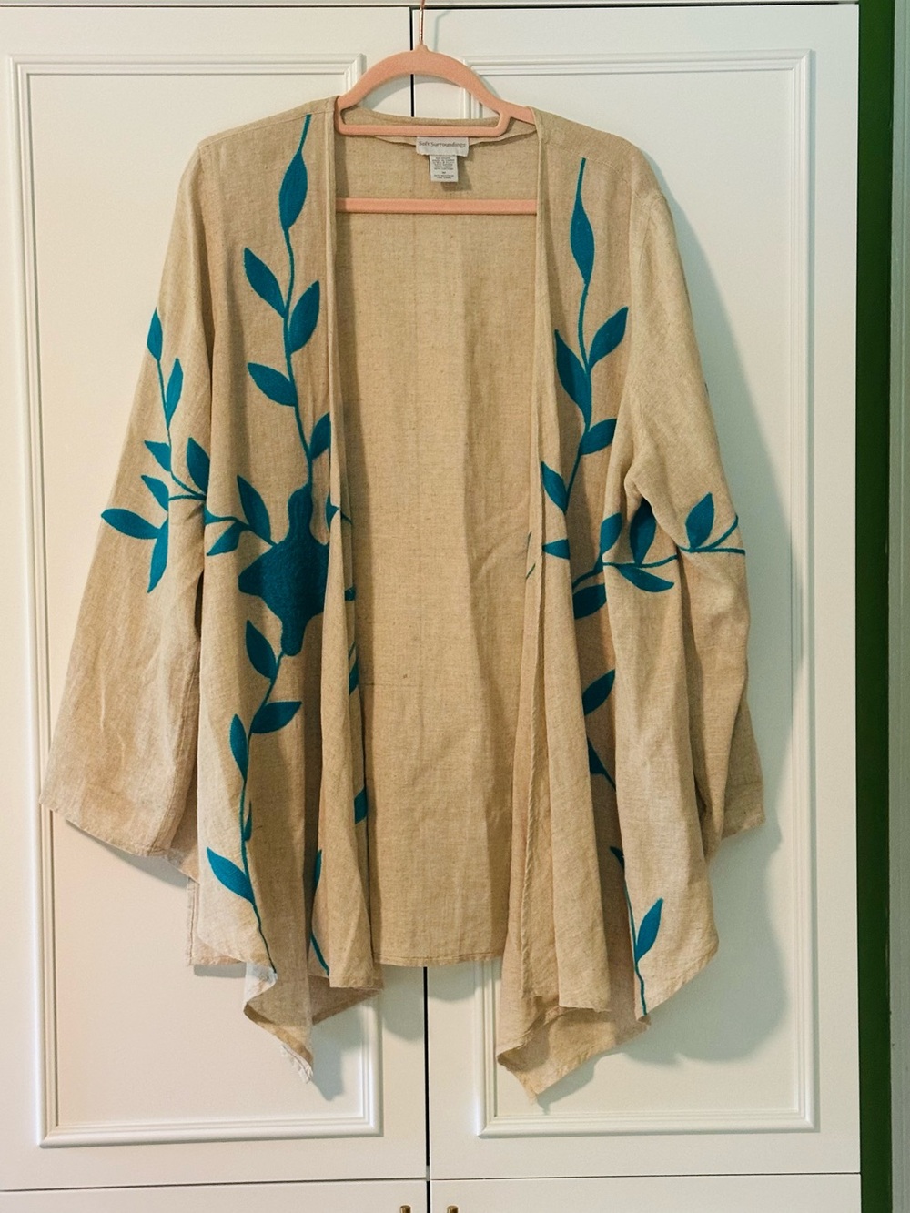 Soft Surroundings Open Cardigan Beige/Acqua Blue Linen-Blend Embroidered Size M
